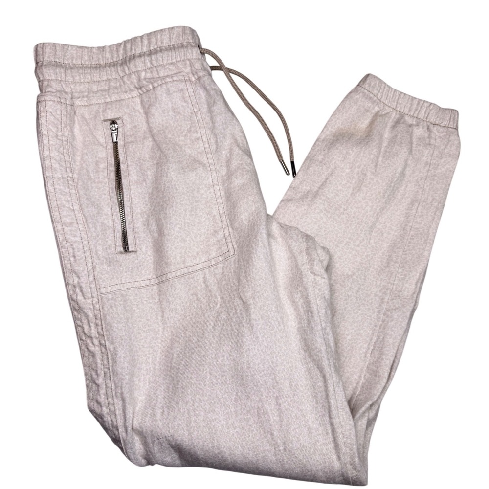 Athleta Cabo Linen Jogger Pants 6 Cream Cheetah Print Drawstring Zip Pocket 100%